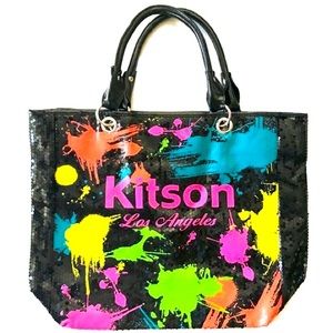 Kitson Los Angeles Sequin Paint Splash Tote Bag with patent leather straps